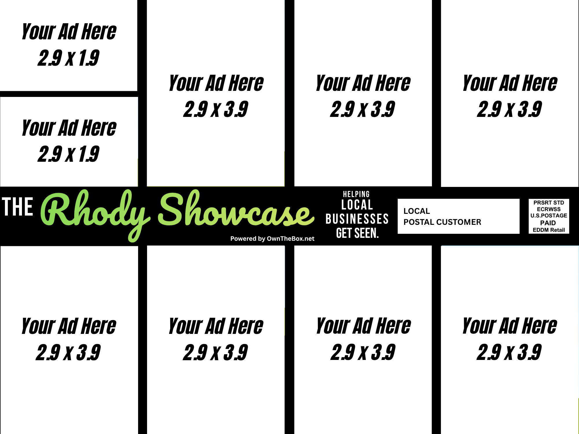 The Rhody Showcase postcard front side mockup with Your Ad Here placeholders
