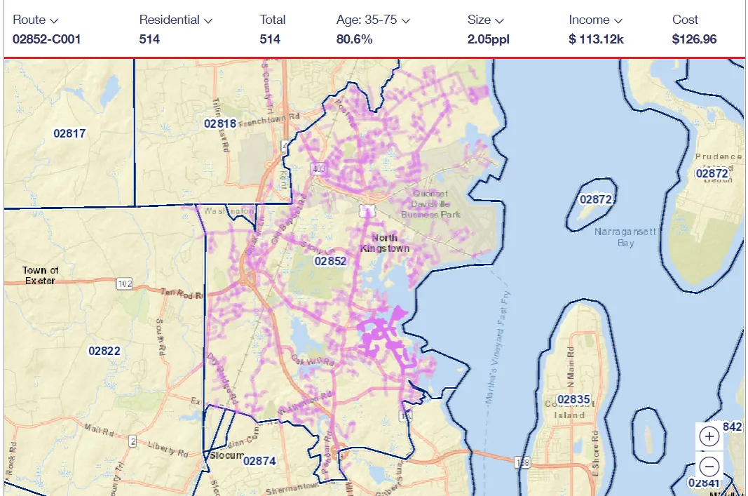 USPS carrier route 02852-C001 map