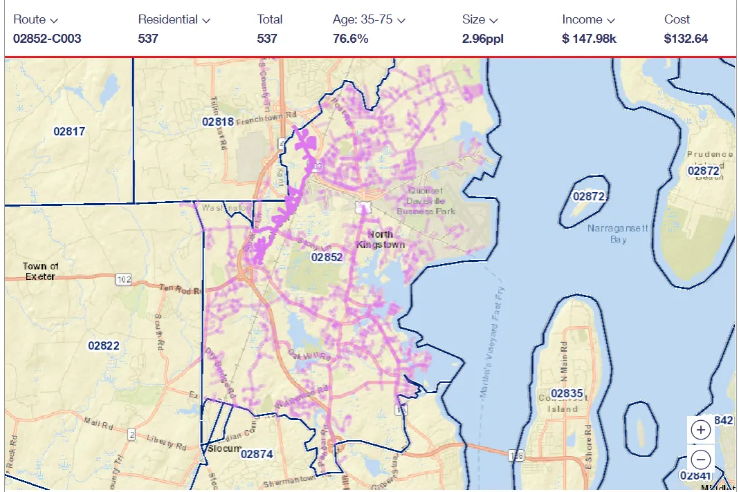 USPS carrier route 02852-C003 map