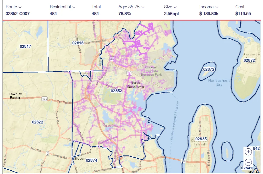 USPS carrier route 02852-C007 map