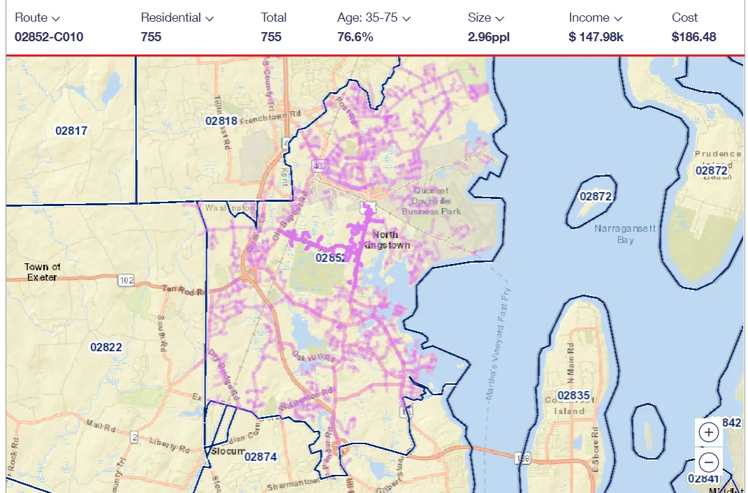 USPS carrier route 02852-C010 map