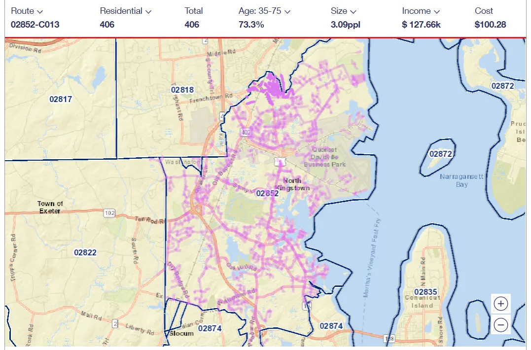 USPS carrier route 02852-C013 map
