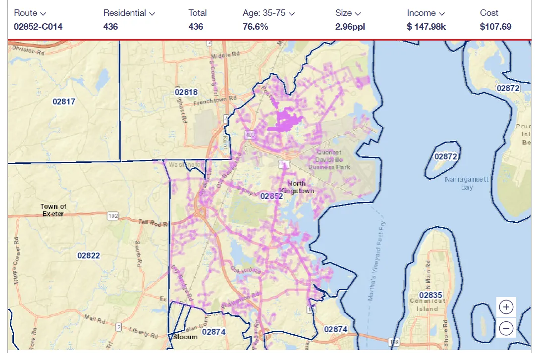 USPS carrier route 02852-C014 map
