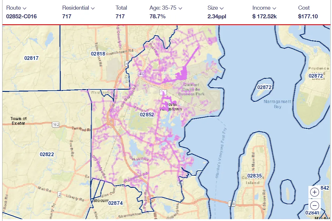USPS carrier route 02852-C016 map