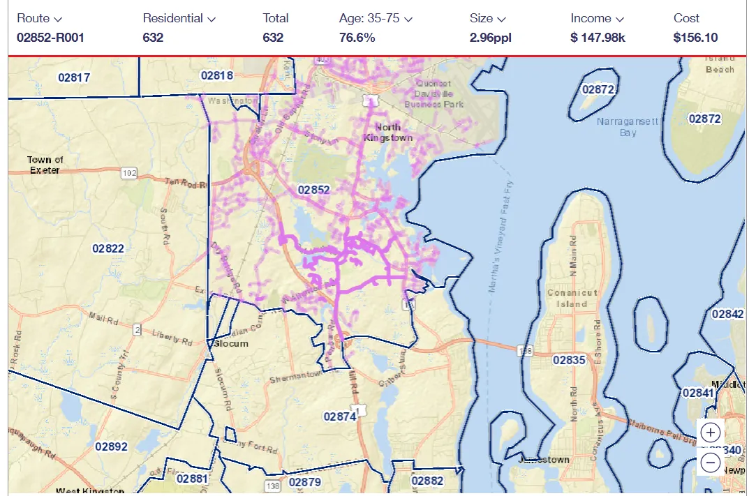 USPS carrier route 02852-R001 map