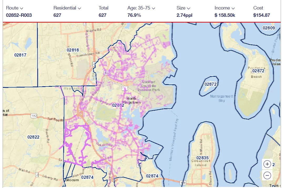 USPS carrier route 02852-R003 map