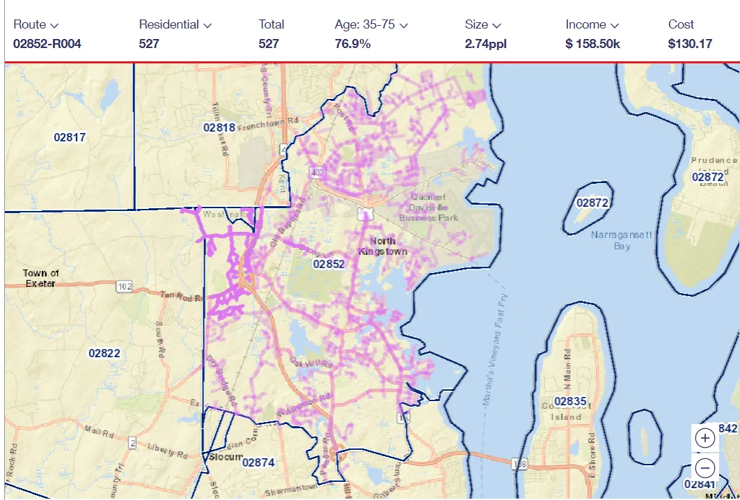 USPS carrier route 02852-R004 map