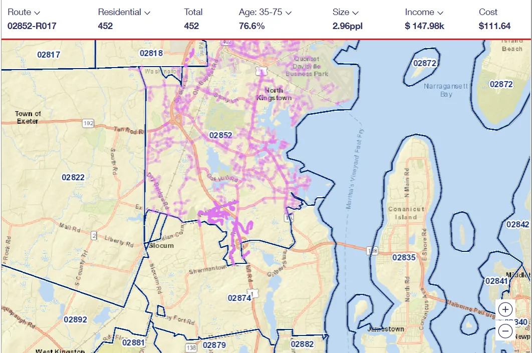 USPS carrier route 02852-R017 map