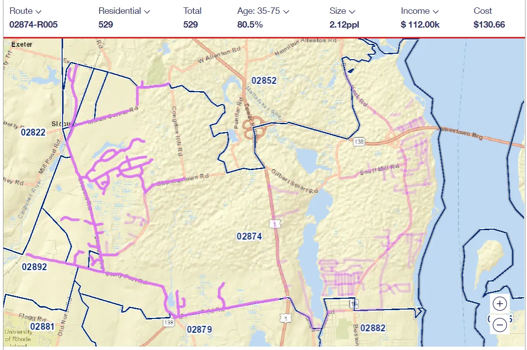 USPS carrier route 02874-R005 map