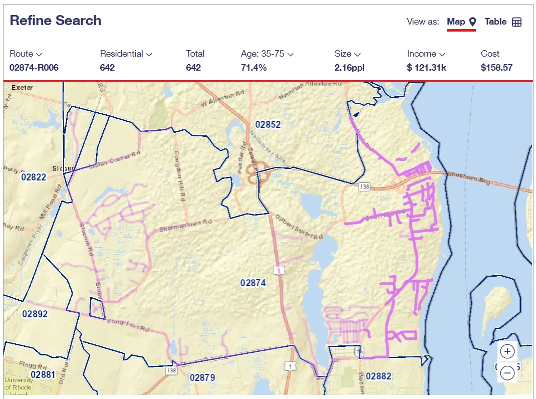 USPS carrier route 02874-R006 map