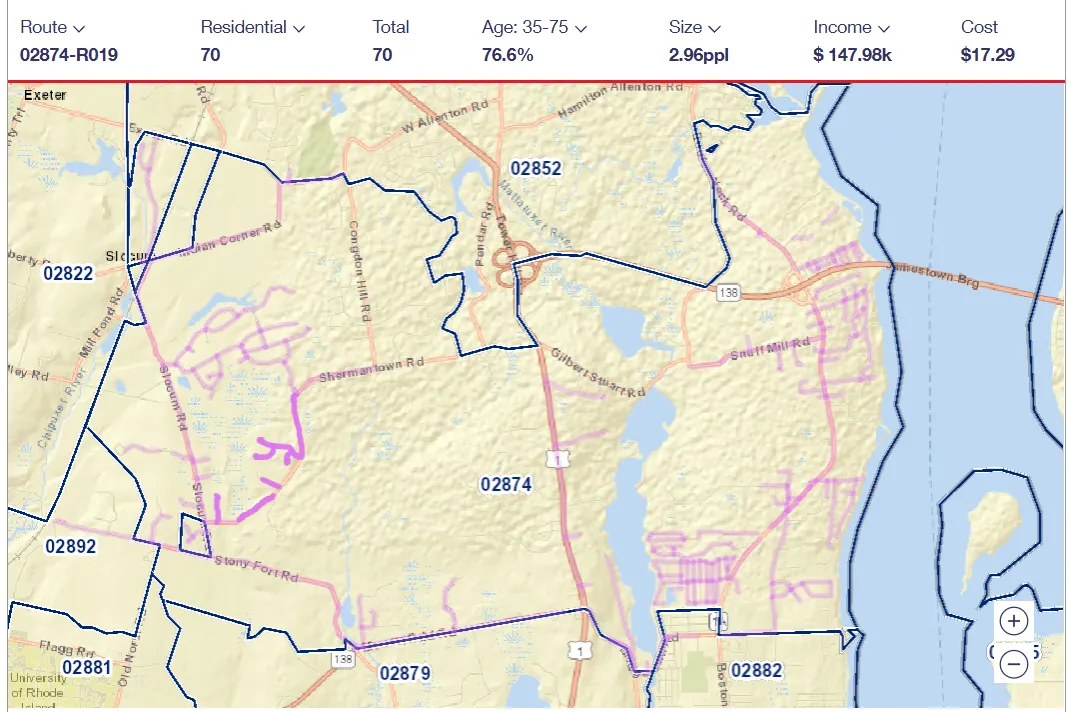 USPS carrier route 02874-R019 map