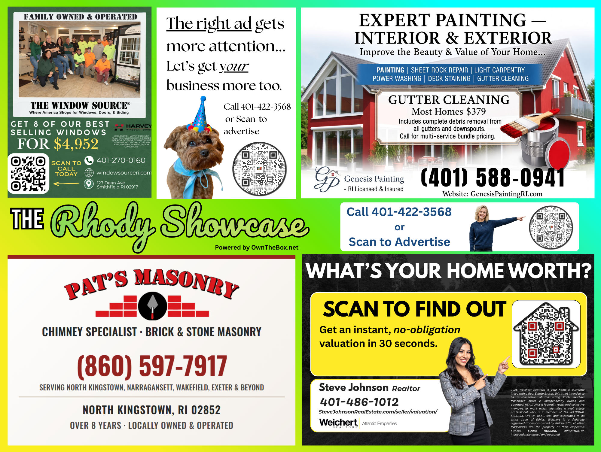 Back side of the latest Rhody Showcase postcard mailed to over 10,000 North Kingstown and Saunderstown homes, featuring The Window Source, Genesis Painting, Pat's Masonry chimney and stone work, and a home-value ad from Steve Johnson at Weichert Realtors