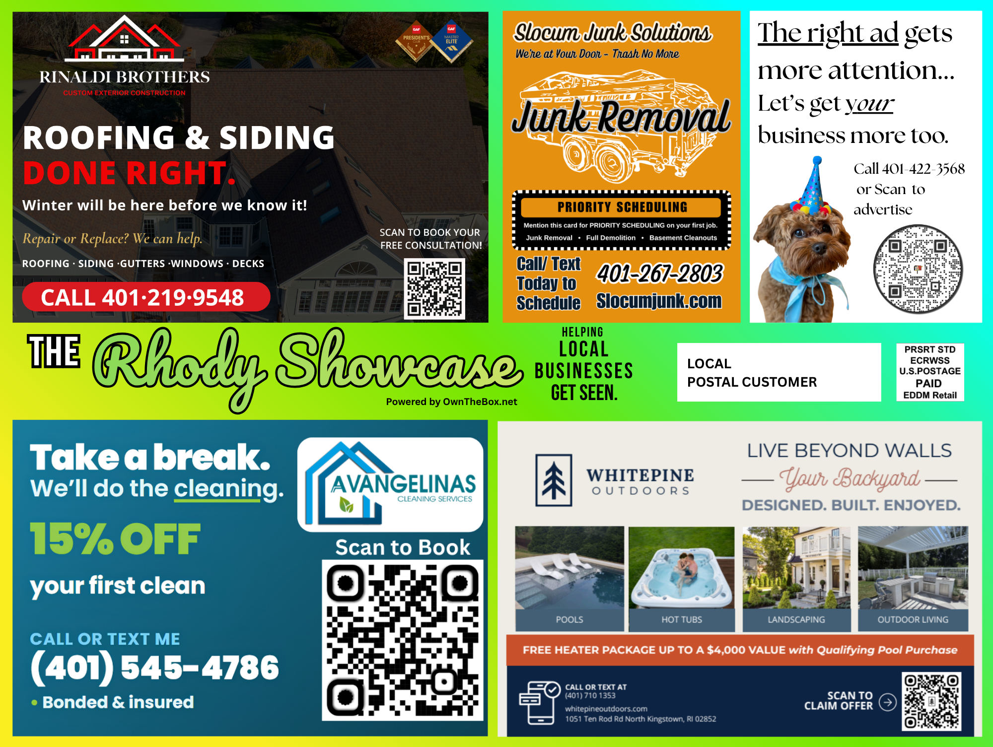 Front side of the latest Rhody Showcase postcard mailed to over 10,000 North Kingstown and Saunderstown homes, featuring Rinaldi Brothers roofing and siding, Slocum Junk Solutions junk removal, Avangelinas Cleaning Services, and White Pine Outdoors pools, hot tubs and landscaping