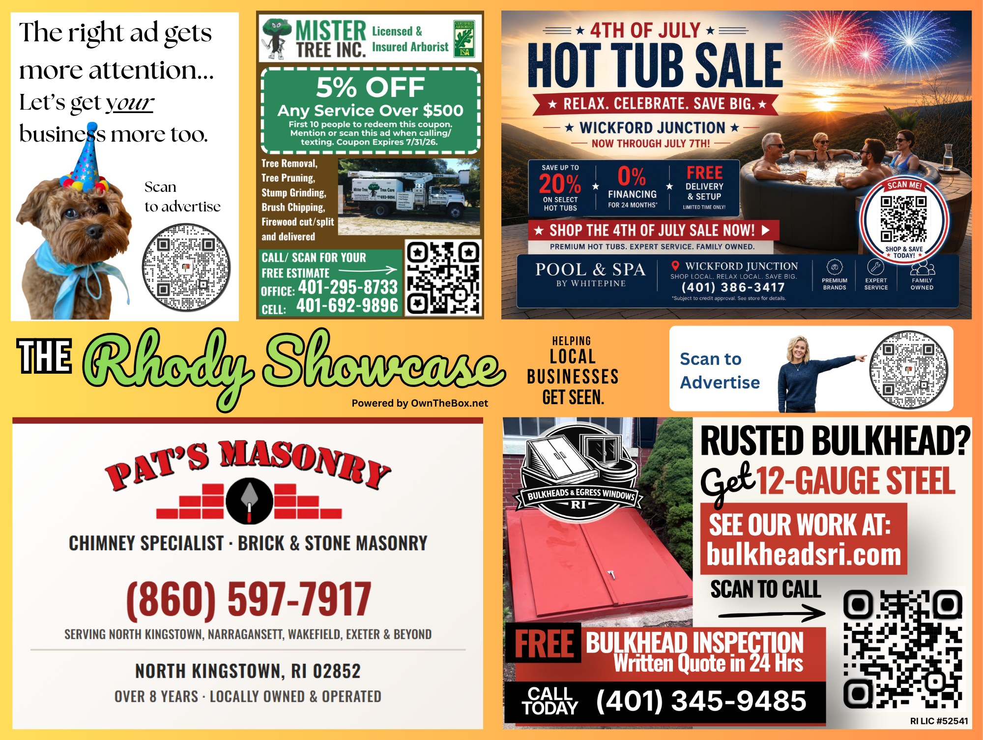Back side of the latest Rhody Showcase postcard mailed to over 10,000 Rhode Island homes, featuring Mister Tree, a 4th of July Hot Tub Sale from Pool and Spa by White Pine, Pat's Masonry, and Bulkheads and Egress Windows RI