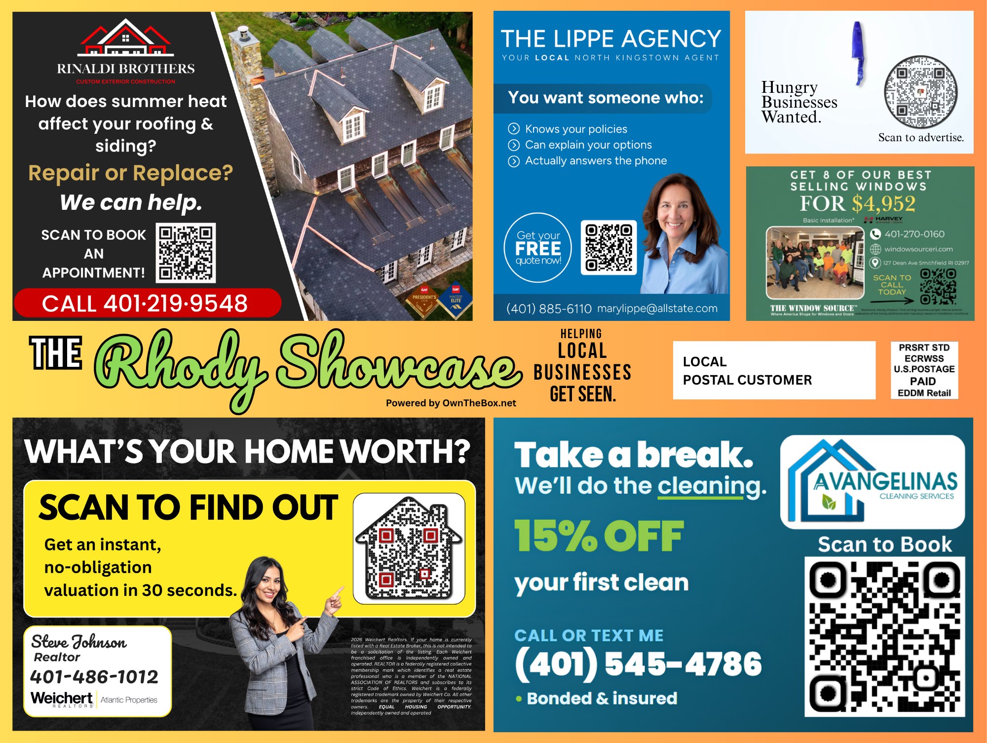 Front side of the latest Rhody Showcase postcard mailed to over 10,000 Rhode Island homes, featuring Rinaldi Brothers roofing, The Lippe Agency, The Window Source, and a home-value ad from Steve Johnson at Weichert, plus Avangelinas Cleaning Services