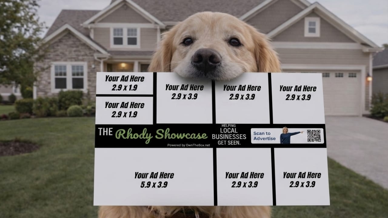 The Rhody Showcase postcard sample showing ad slot layout, held by a golden retriever in front of a Rhode Island home