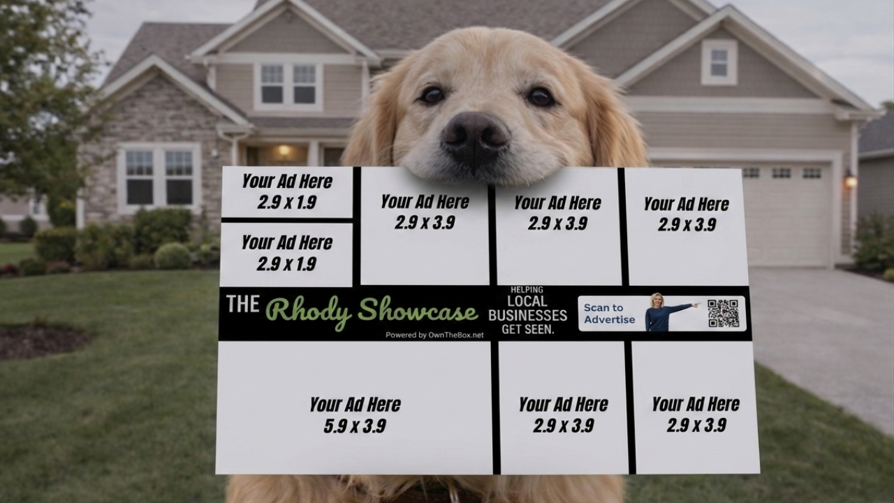 The Rhody Showcase postcard sample showing ad slot layout, held by a golden retriever in front of a Rhode Island home
