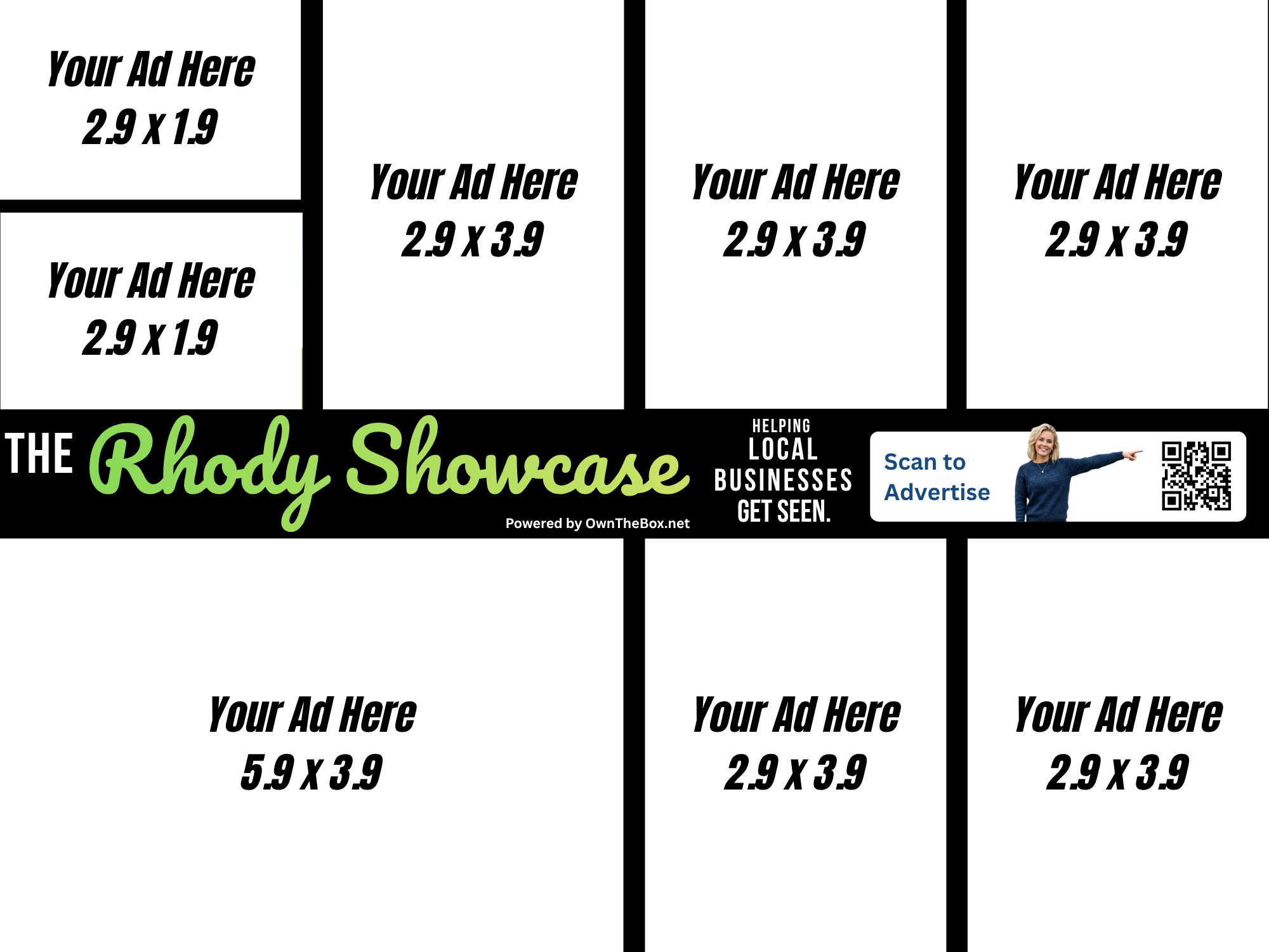 The Rhody Showcase postcard back side mockup with Your Ad Here placeholders